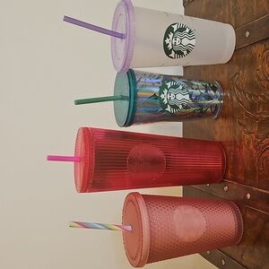Starbucks Green and Silver, Hot Pink, Frosted Pink, and Clear FrostedTumbler Lot